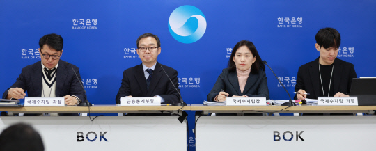 안용비(왼쪽부터) 한국은행 국제수지팀 과장, 송재창 한은 금융통계부장, 문혜정 한은 국제수지팀장, 이영우 한은 국제수지팀 과장이 8일 오전 서울 중구 한국은행에서 열린 2024년 11월 국제수지(잠정) 설명회에 참석했다. [한국은행 제공]